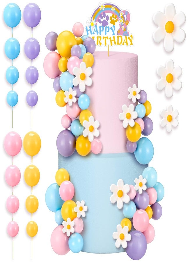 Threehoney 63 Pcs Blue Dog Cake Toppers with Balls Cake Picks and Daisy Flowers for Birthday Decoration Groovy Pastel Cupcake Inserts Hippie Wedding Party Supplies(Happy Birthday 2th) - Image 1