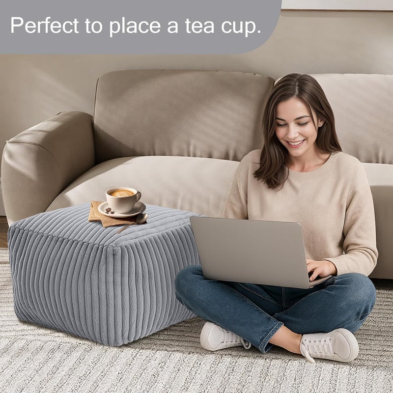 MeMoreCool Square Stuffed Pouf Ottoman Foot Rest, Stripe Furry Floor Pouf Foot Stool with Foam Chunk Filling, Soft Fluffy Stuffed Ottoman Footrest for Living Room, Faux Fur Grey - Image 5