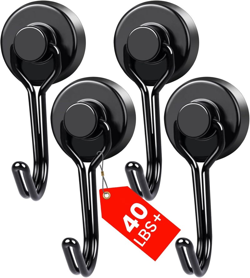 MIKEDE Magnetic Hooks 4 Pack 40Lbs Heavy Duty Neodymium Magnet Hooks Black Magnetic Swivel Hooks for Hanging Rust Proof Strong Magnets with Hook Magnetic Metal Hanger for Storage - Image 2