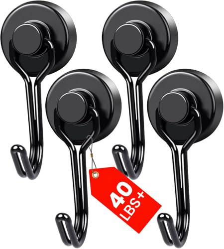 MIKEDE Magnetic Hooks 4 Pack 40Lbs Heavy Duty Neodymium Magnet Hooks Black Magnetic Swivel Hooks for Hanging Rust Proof Strong Magnets with Hook Magnetic Metal Hanger for Storage - Image 1