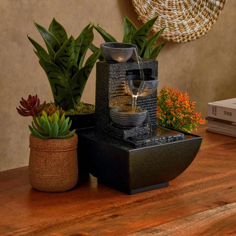 Pan Home Solemn Polyresin Table Fountain with Yellow light 13x13x18cm- Grey - 222FWI9900006 - Image 2