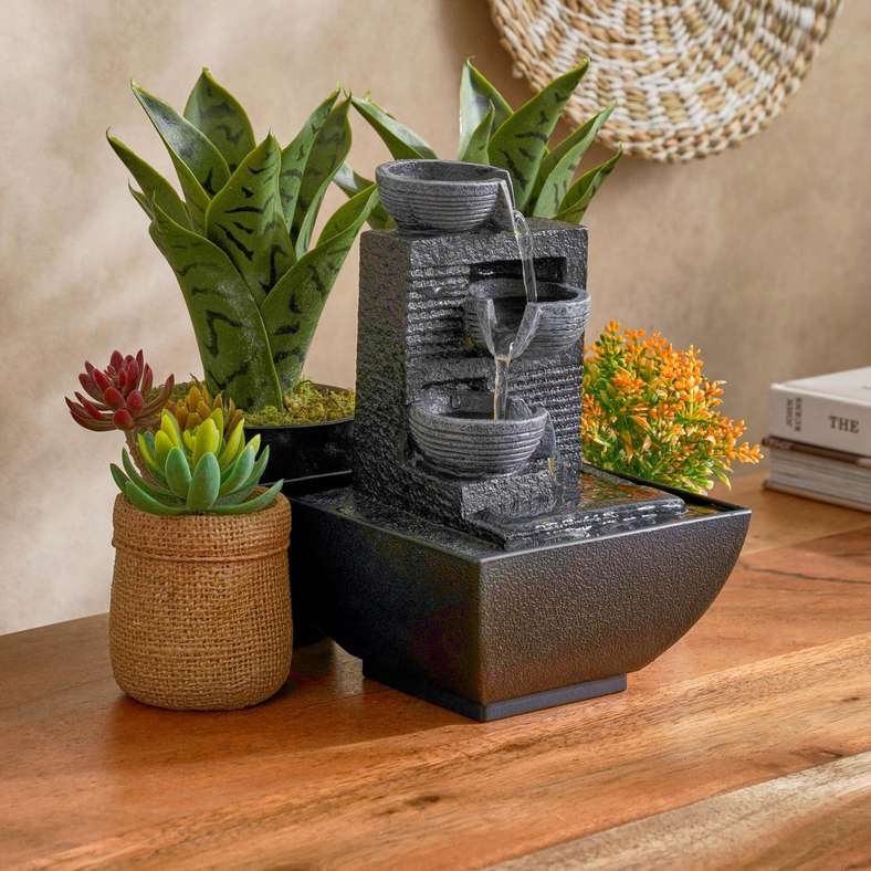 Pan Home Solemn Polyresin Table Fountain with Yellow light 13x13x18cm- Grey - 222FWI9900006 - Image 1