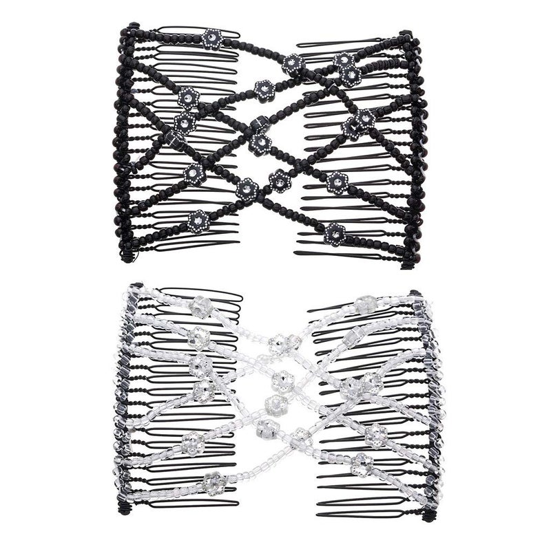 LOVEF 2Pcs Magic Hair Comb Clip for Women Girls Beaded Flower Barrette Hairpin Elastic Double Hair Combs Clips Hair Accessories