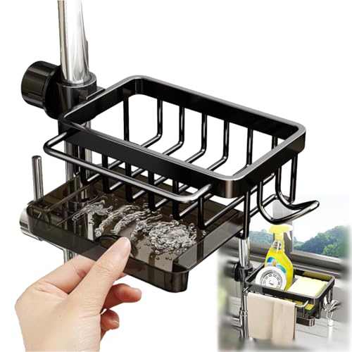 GCFTIFF Sink Organizer Rack for Kitchen and Bathroom, 2025 New Stainless Steel Detachable Hanging Faucet Drain Rack with Drip Tray Faucet Sponge Holder for Bathroom (Black, Right) - Image 1