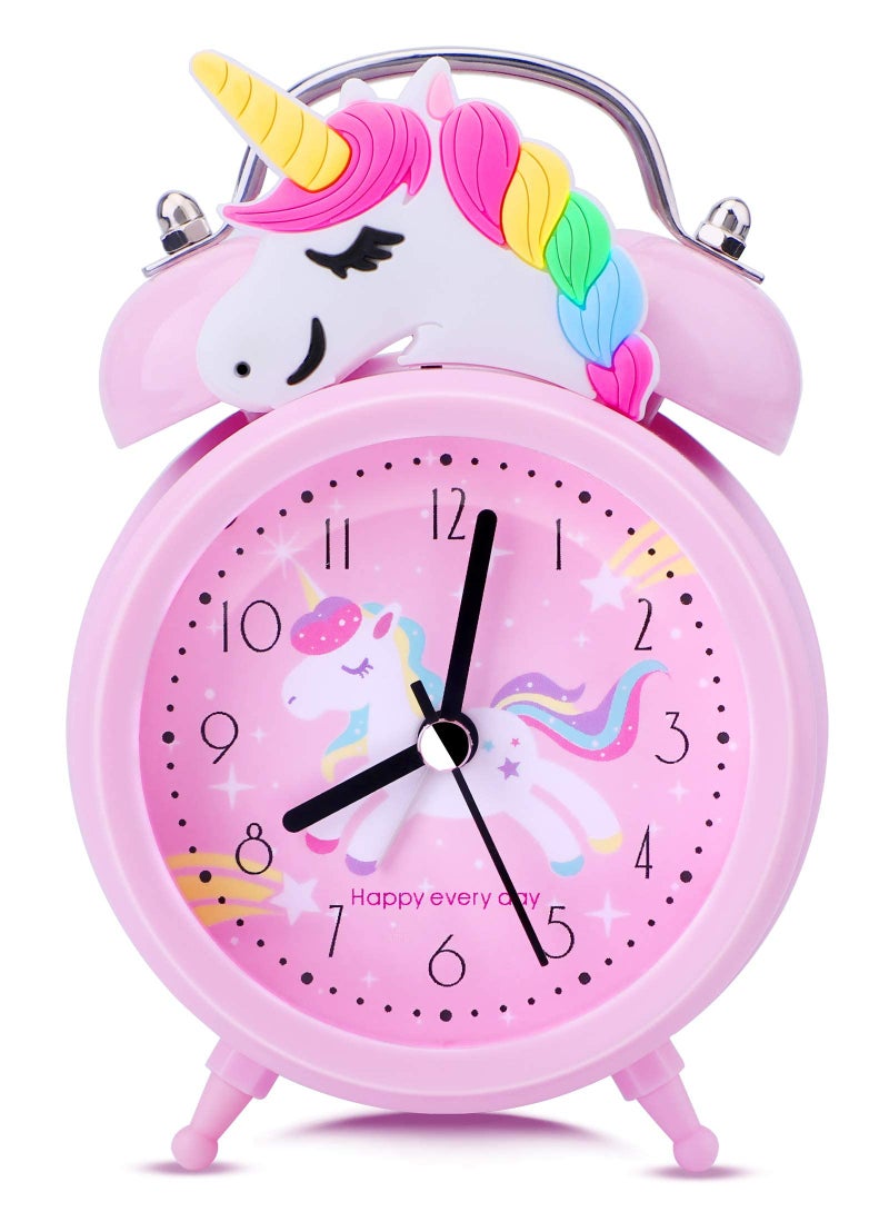 Silent Bedside Alarm Clock Battery OperatedNonTicking Pink Unicorn Clock for Girls Bedroom DeskClassic Loud Twin Bell Clock with Backlight