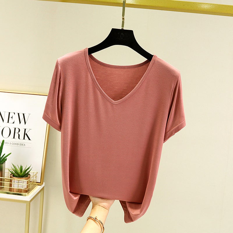 Modal Short-sleeved T-shirt Womens Summer plus size Loose V-neck Base Shirt Outer Wear Thin Inner Casual All-match Top lotus root starch 