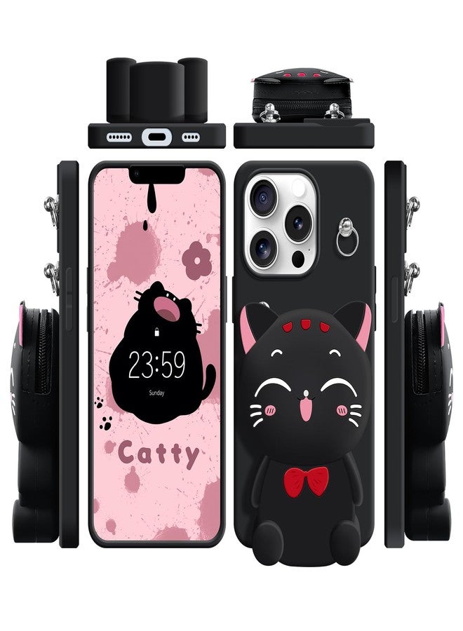 SGVAHY Wallet Case for iPhone 16 Pro Max with Strap Lanyard Cute Cat Black Coin Purse Funny Phone Case Kawaii Soft Silicone Shockproof Cover for Women Girls - Image 3