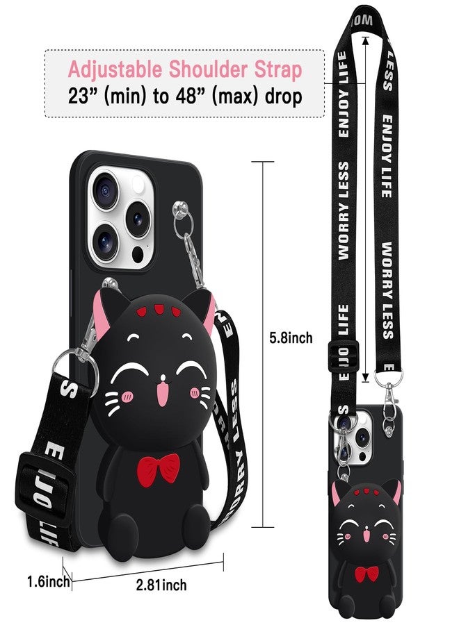 SGVAHY Wallet Case for iPhone 16 Pro Max with Strap Lanyard Cute Cat Black Coin Purse Funny Phone Case Kawaii Soft Silicone Shockproof Cover for Women Girls - Image 2