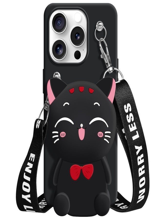 SGVAHY Wallet Case for iPhone 16 Pro Max with Strap Lanyard Cute Cat Black Coin Purse Funny Phone Case Kawaii Soft Silicone Shockproof Cover for Women Girls - Image 1