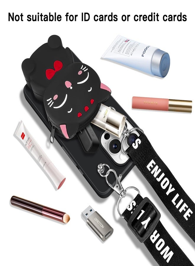SGVAHY Wallet Case for iPhone 16 Pro Max with Strap Lanyard Cute Cat Black Coin Purse Funny Phone Case Kawaii Soft Silicone Shockproof Cover for Women Girls - Image 4