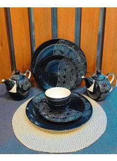 Caffeine Caffeine Ceramic Handmade Black Doodle Dinner Set of 8 pcs.(2 Dinner Plate, 2 Quarter Plate, 2 Katori Bowl, 2 Tea Pot)  - Image 3