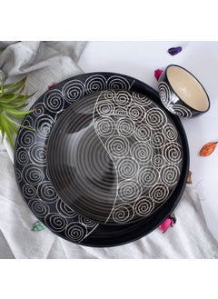 Caffeine Caffeine Ceramic Handmade Black Doodle Dinner Set of 8 pcs.(2 Dinner Plate, 2 Quarter Plate, 2 Katori Bowl, 2 Tea Pot)  - Image 1