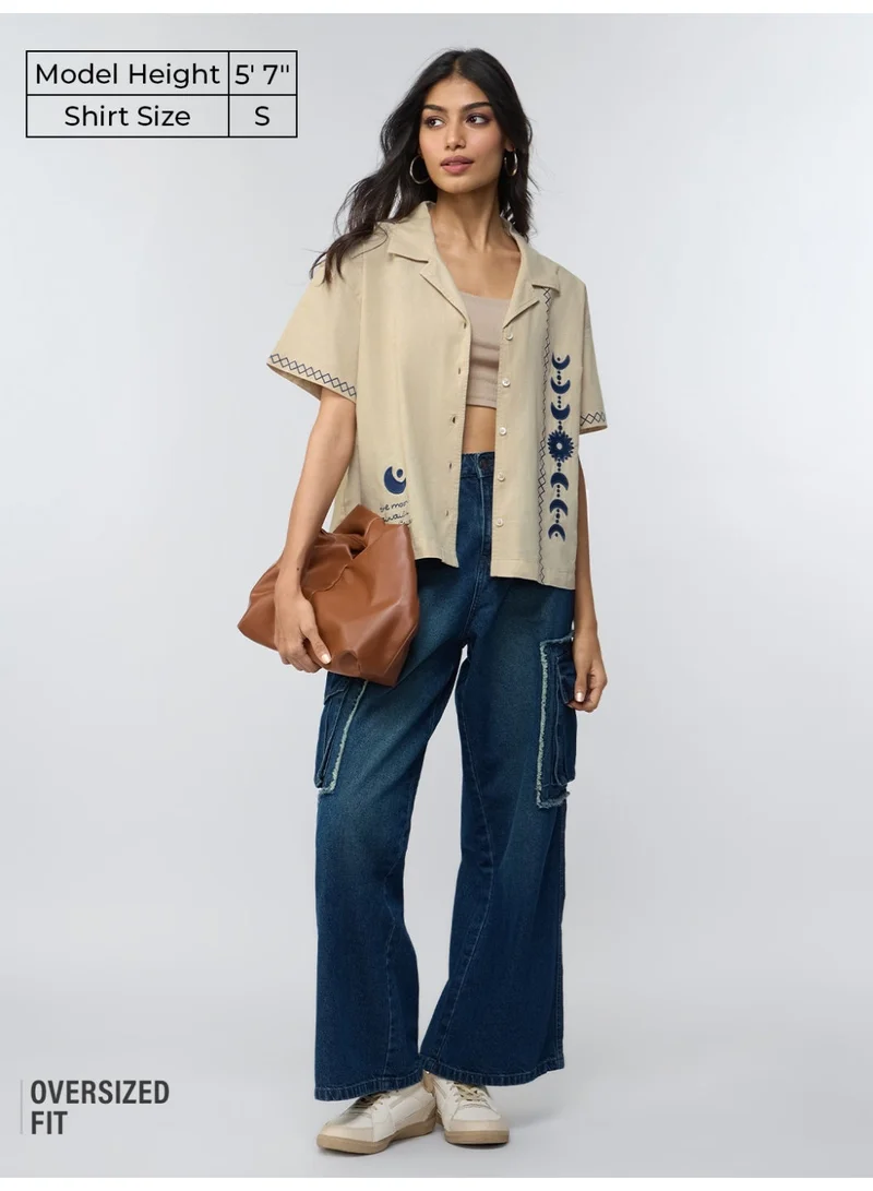 The Souled Store  The Souled Store Believe: Women and Girls Short Sleeves Cuban Collar Embroidered Cotton Linen Blend Oversized Fit Lightweight Summer Shirt for Casual Streetwear  | Best Price UAE