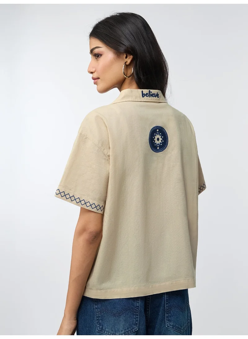 The Souled Store  The Souled Store Believe: Women and Girls Short Sleeves Cuban Collar Embroidered Cotton Linen Blend Oversized Fit Lightweight Summer Shirt for Casual Streetwear  | Best Price UAE