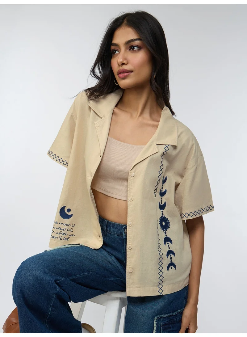 The Souled Store Believe: Women and Girls Short Sleeves Cuban Collar Embroidered Cotton Linen Blend Oversized Fit Lightweight Summer Shirt for Casual Streetwear