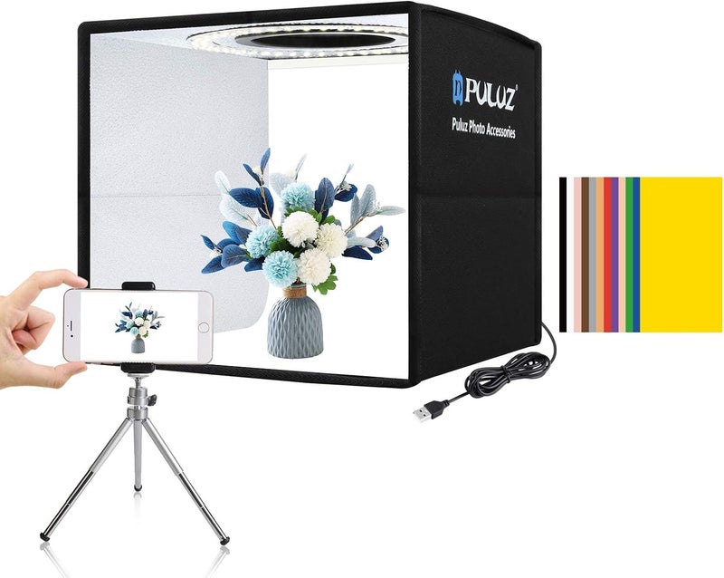 بولوز PULUZ صندوق تصوير 25x25 سم مع إضاءة LED قابلة للتعديل 112 لمبة، CRI>95، 6 خلفيات ملونة لتصوير المنتجات - Image 1