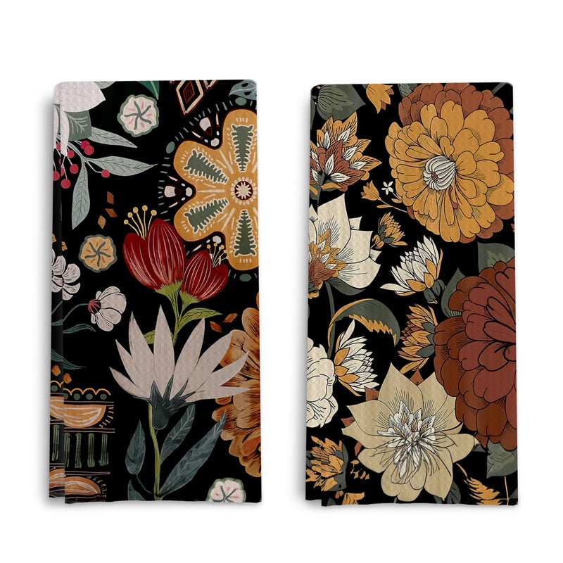 Qpenm Abstract Floral Kitchen Dish Towels - Vintage Waffle Weave Kitchen Towels, Retro Flower Waffle Weave Decorative Kitchen Towels, Boho Hand Towels for Bathroom (16Ã—24 Inches) - Image 1