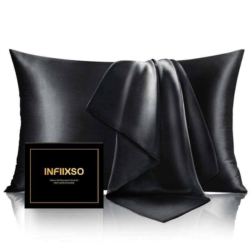 infiixso mulberry silk cilkcase للشعر وحالات وسادة الحرير بالجلد الحجم القياسي مع سحاب مخفي 20 × 26 بوصات غير عادية وسادة ناعمة وناعمة للنوم الساخن (حزمة أسود 1) - Image 1