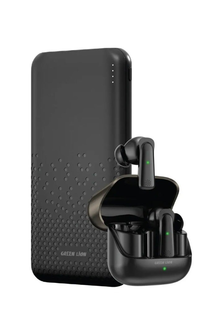 GREEN LION 2 in 1 Rome 10000 mAh Power bank & TWS Earbuds Combo / Bluetooth V5.4 / 4H Earbuds Playtime / Powerbank Built-in Dual USB-A, USB-C & Micro Ports - Black - Image 1