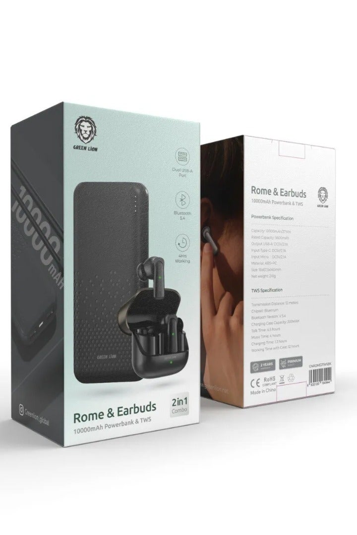 GREEN LION 2 in 1 Rome 10000 mAh Power bank & TWS Earbuds Combo / Bluetooth V5.4 / 4H Earbuds Playtime / Powerbank Built-in Dual USB-A, USB-C & Micro Ports - Black - Image 2