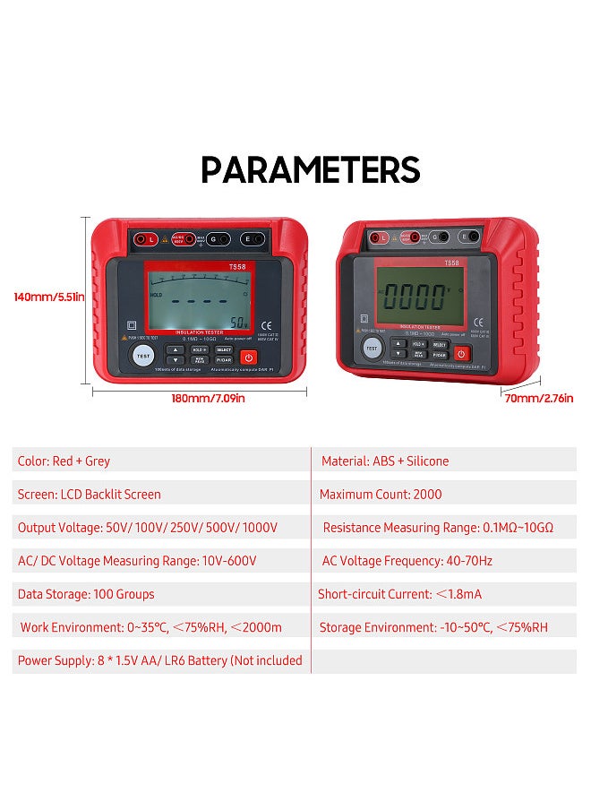 Generic TS58 Digital Insulation Resistance Tester 0.1MΩ-10GΩ Megohmmeter with LCD Backlit Display AC DC 10-600V Maximum 2000 Counts DAR PI Index Insulated Resistance Meter Kit with Zipper Bag  - Image 4