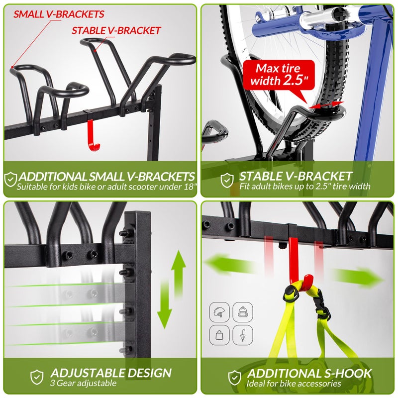 Sttoraboks 5 Bikes Floor Stand, Adjustable Bicycle Parking Rack with Hook for Garage, Indoor, Outdoor, Free Combination Bike Storage Cycle Rack for Mountain, Road and Kids Bikes, Max Tire Width 2.5â€ - Image 3
