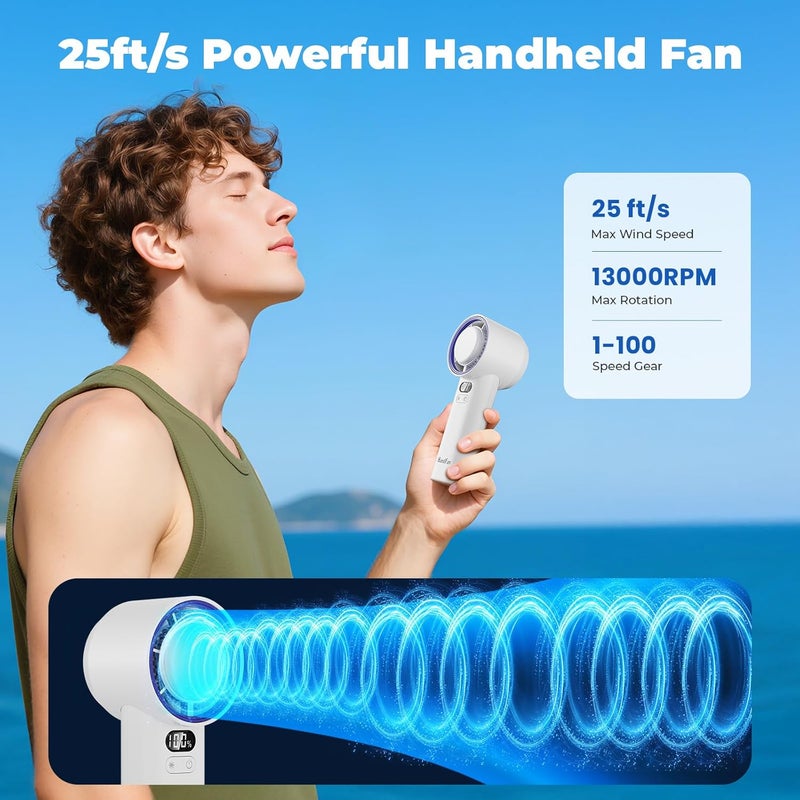 HandFan Trendy widespread design 5200mAh High Speed Turbo Fan Handheld, 13000 RPM Powerful Cooling Ice Fan, Portable Mini AC Fan, 100 Speeds Adjustable, Digital Display, USB Rechargeable, for Travel Beach Outdoors(White) All item simple matching build - Image 4