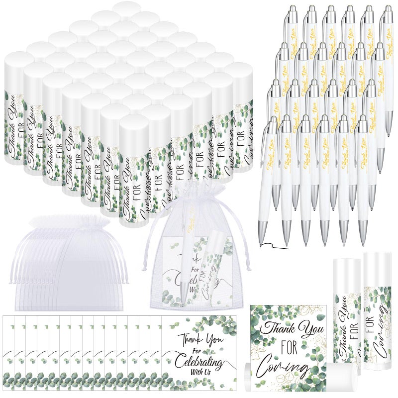 Heigble 50 Set Wedding Thank You Gifts, Thank You Lip Balm Bulk Retractable Ballpoint Pen Appreciation Card Organza Drawstring Gift Bag Bridal Shower Gift for Guest Wedding Party(Eucalyptus Leaf) - Image 1