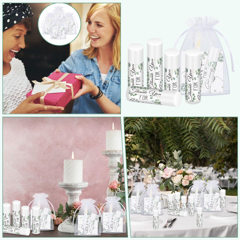 Heigble 50 Set Wedding Thank You Gifts, Thank You Lip Balm Bulk Retractable Ballpoint Pen Appreciation Card Organza Drawstring Gift Bag Bridal Shower Gift for Guest Wedding Party(Eucalyptus Leaf) - Image 5