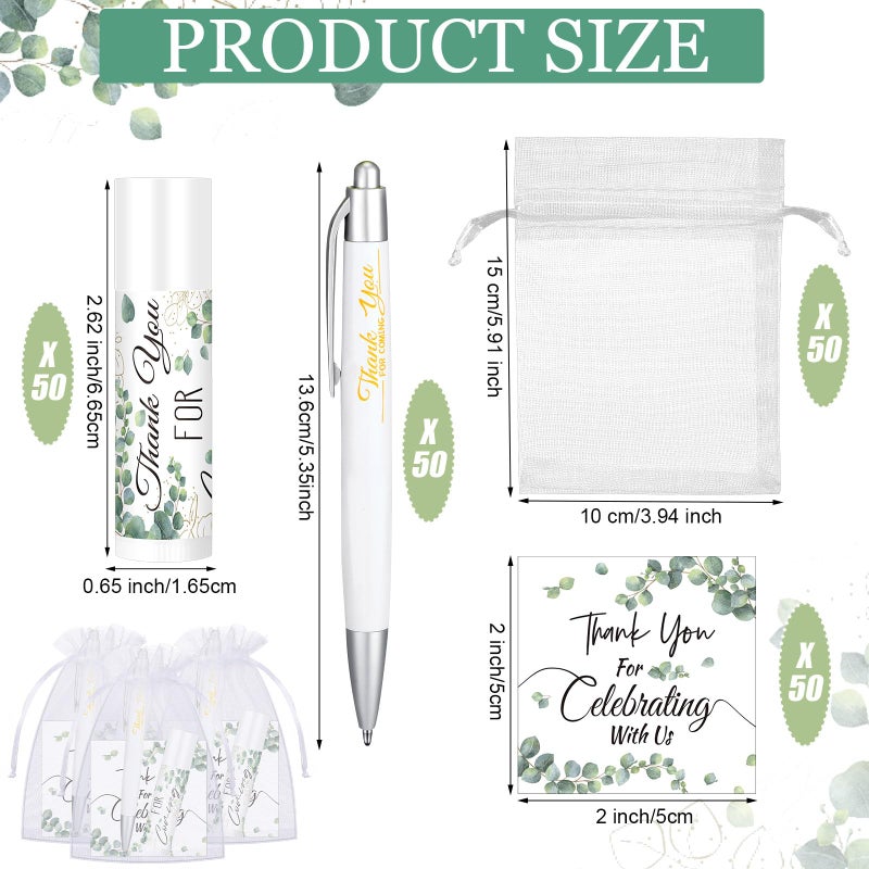 Heigble 50 Set Wedding Thank You Gifts, Thank You Lip Balm Bulk Retractable Ballpoint Pen Appreciation Card Organza Drawstring Gift Bag Bridal Shower Gift for Guest Wedding Party(Eucalyptus Leaf) - Image 2