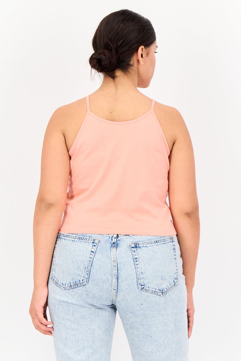 Women Round Neck Sleeveless Brand Logo Tank Top, Coral