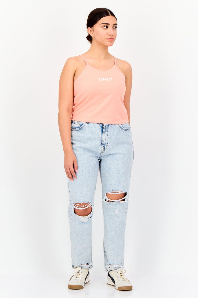 Women Round Neck Sleeveless Brand Logo Tank Top, Coral