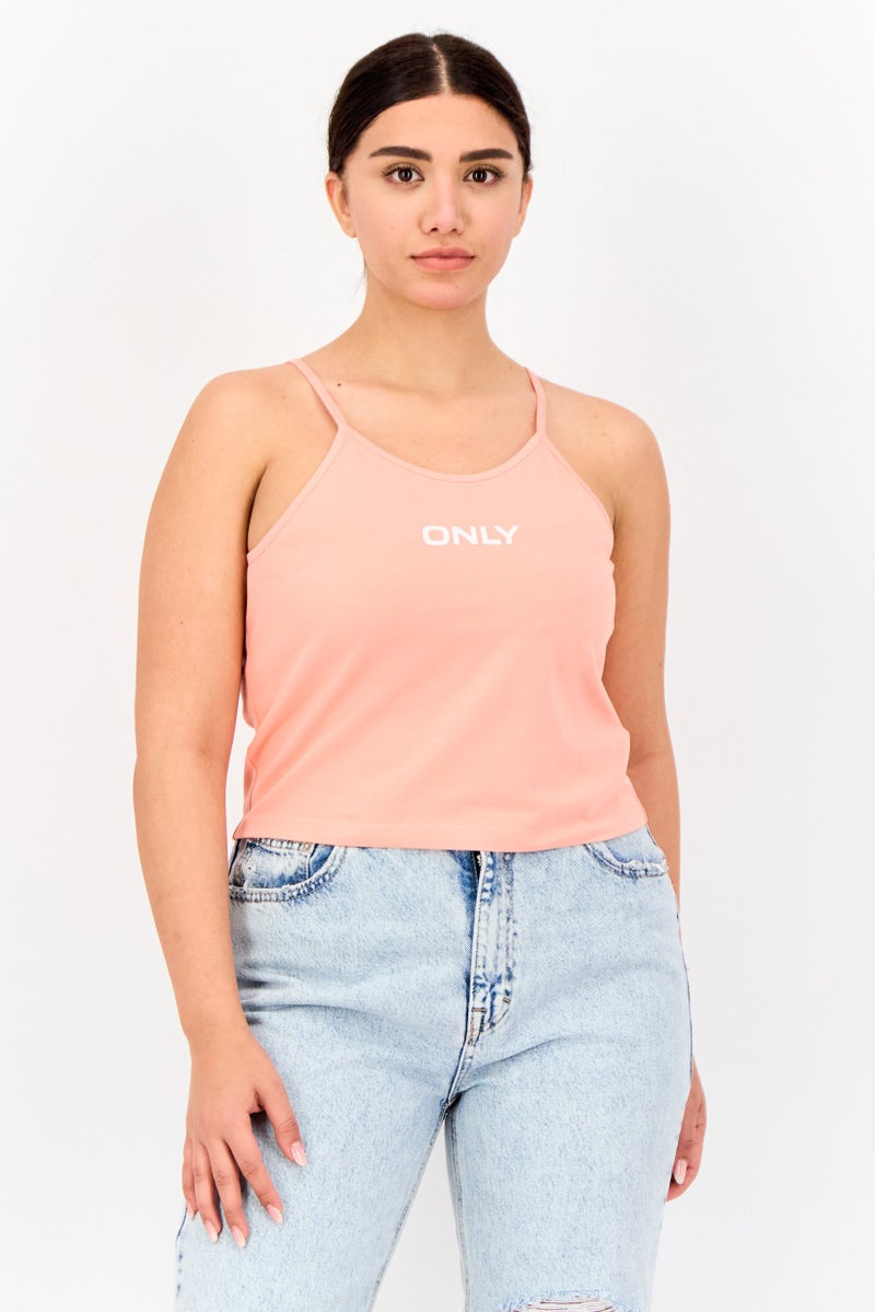Women Round Neck Sleeveless Brand Logo Tank Top, Coral