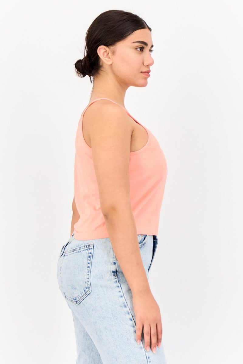Women Round Neck Sleeveless Brand Logo Tank Top, Coral