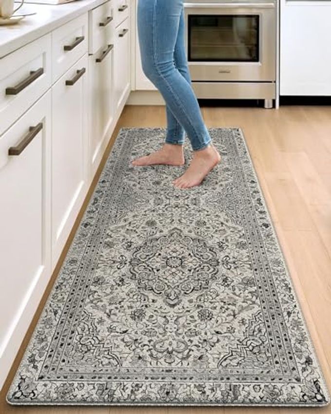 DEXI Kitchen Mats for Floor Cushioned, 23x59 Wide Runner Rug Non Slip, Waterproof Soft Comfort Standing Padded Anti Fatigue Decorative, Brown Grey