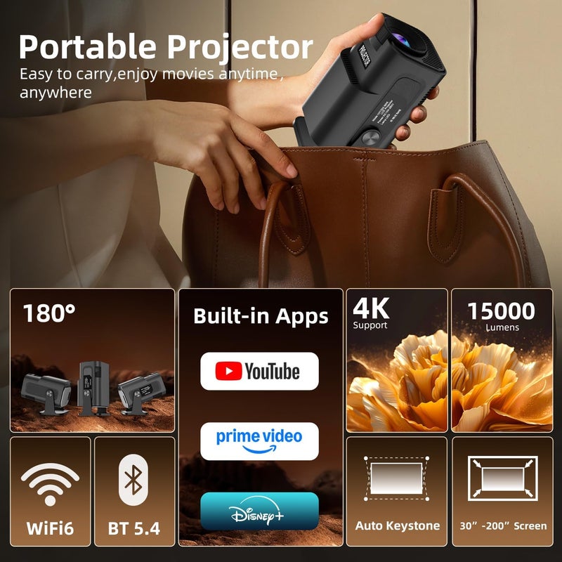جهاز عرض صغير ذكي منزلي بدقة 4K، جهاز عرض محمول يعمل بنظام أندرويد مع تطبيقات مدمجة، واي فاي 6 بلوتوث 5.4، تصحيح تلقائي للانحراف، إسقاط قصير، دوران 270 درجة، جهاز عرض خارجي محمول HY320 (أسود) - Image 2