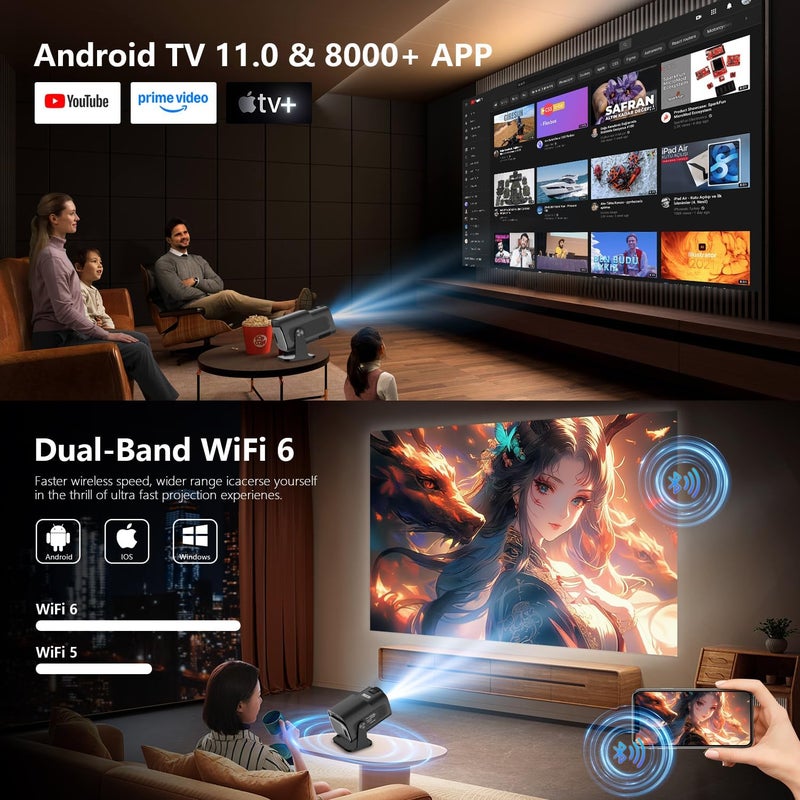 جهاز عرض صغير ذكي منزلي بدقة 4K، جهاز عرض محمول يعمل بنظام أندرويد مع تطبيقات مدمجة، واي فاي 6 بلوتوث 5.4، تصحيح تلقائي للانحراف، إسقاط قصير، دوران 270 درجة، جهاز عرض خارجي محمول HY320 (أسود) - Image 3
