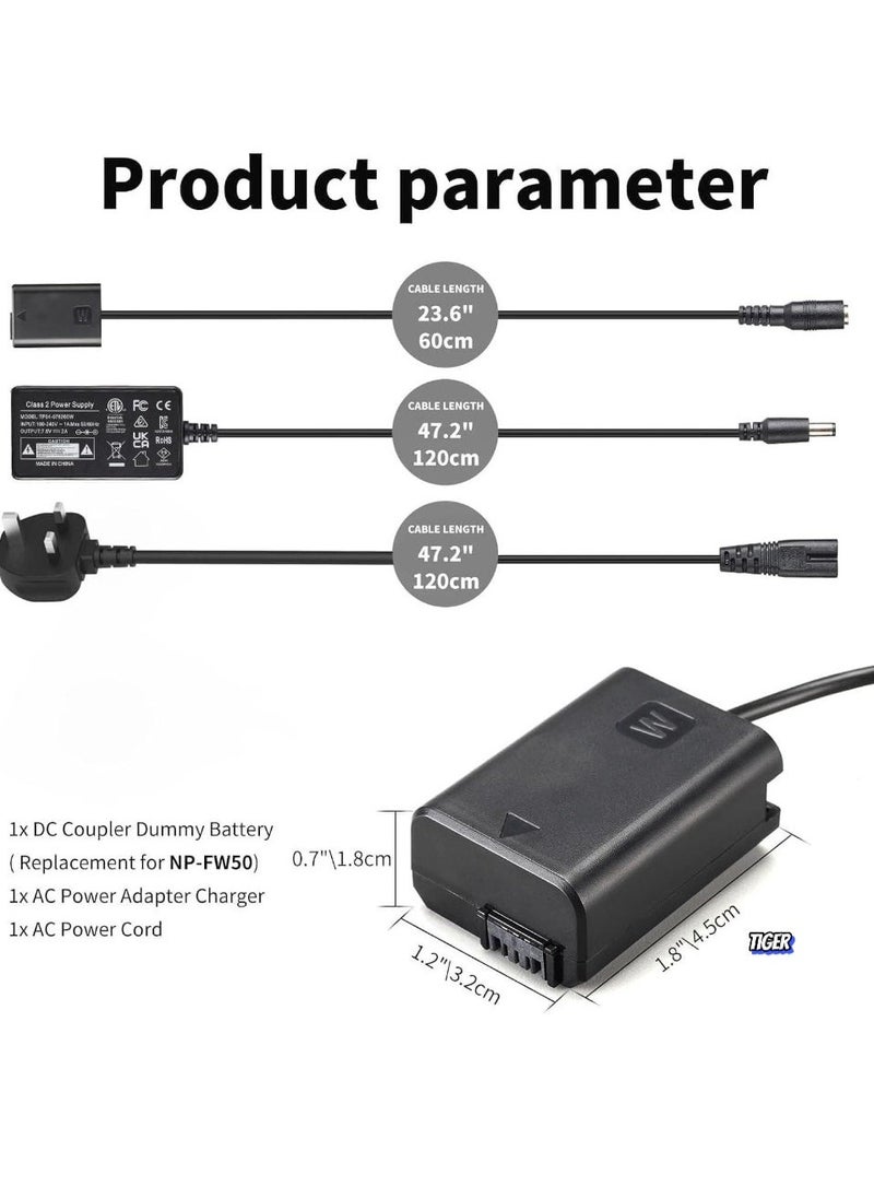 TIGER AC PW20 Power Supply Adapter & NP-FW50 Dummy Battery Kit for Sony Alpha Cameras – Compatible with A6500, A6400, A6300, A6100, A6000, A5100, A7 Series, RX10, ZV-E10 – Continuous Power for Photography and Videography - Image 2