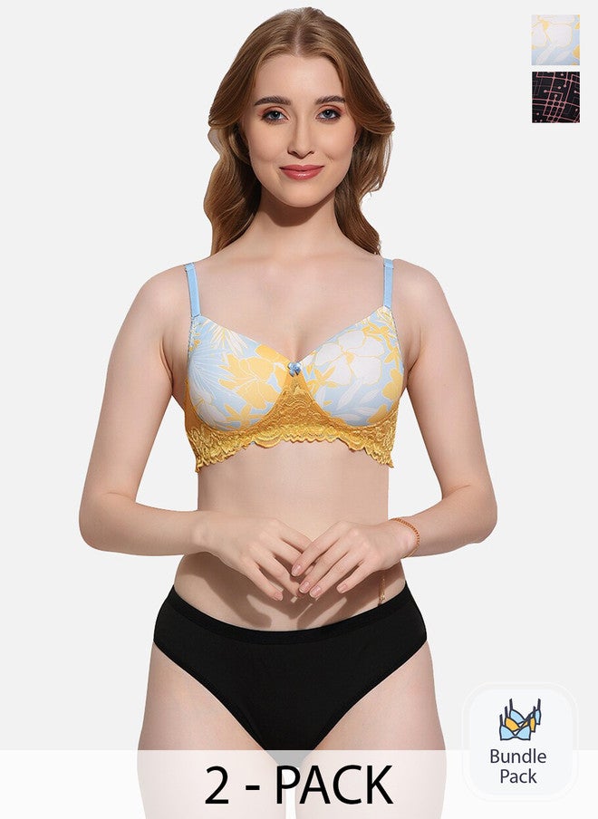 FIMS Pack Of 2 Printed Lightly Padded Lingerie Set - Black and Yellow - Image 1