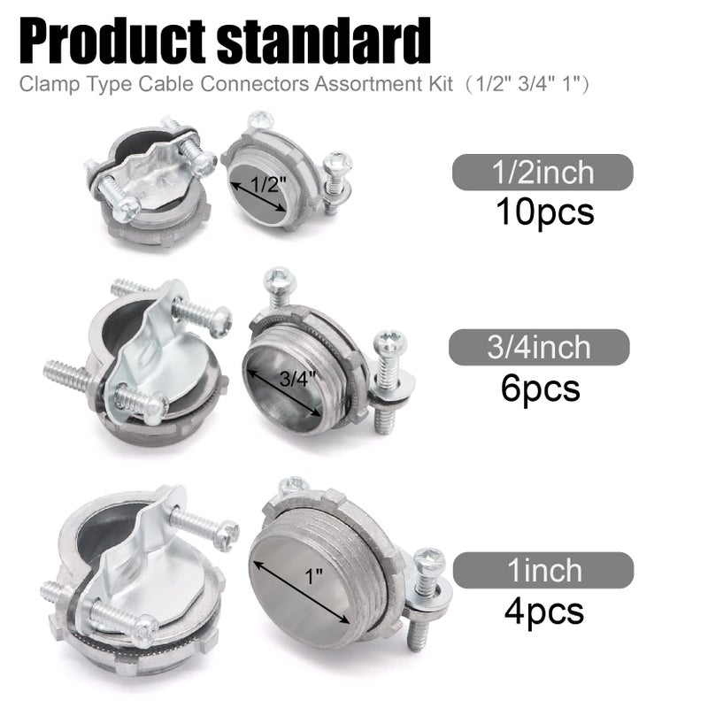 Fuzbaxy 20Pcs 1/2 "" 3/4 "" 1  Clamp Type Cable Connectors Assortment Kit-Silver-Zinc - Image 3