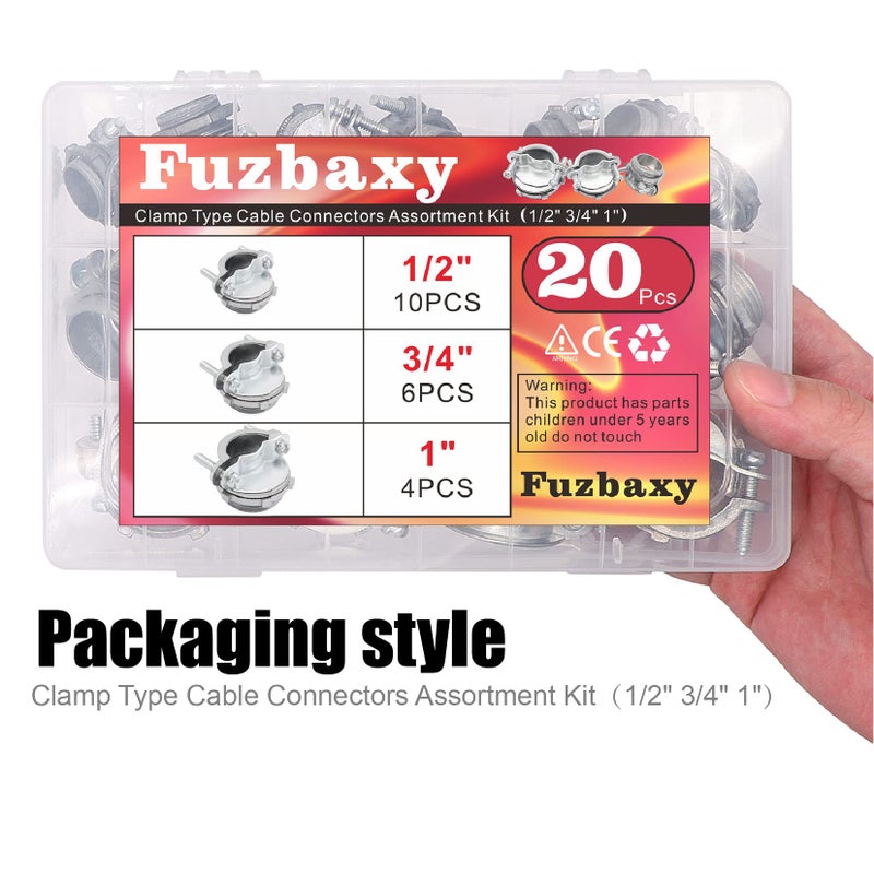 Fuzbaxy 20Pcs 1/2 "" 3/4 "" 1  Clamp Type Cable Connectors Assortment Kit-Silver-Zinc - Image 2