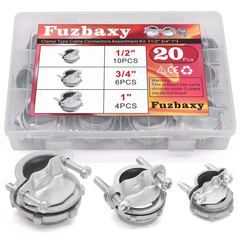 Fuzbaxy 20Pcs 1/2 "" 3/4 "" 1  Clamp Type Cable Connectors Assortment Kit-Silver-Zinc - Image 1