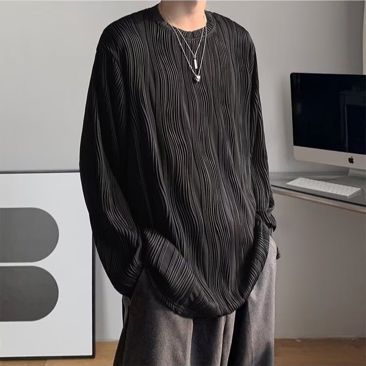 Hair Stylist Advanced Men'S Wrinkle Texture Oversize Long-Sleeved T-Shirt Men'S Inner Base Top T - Image 3