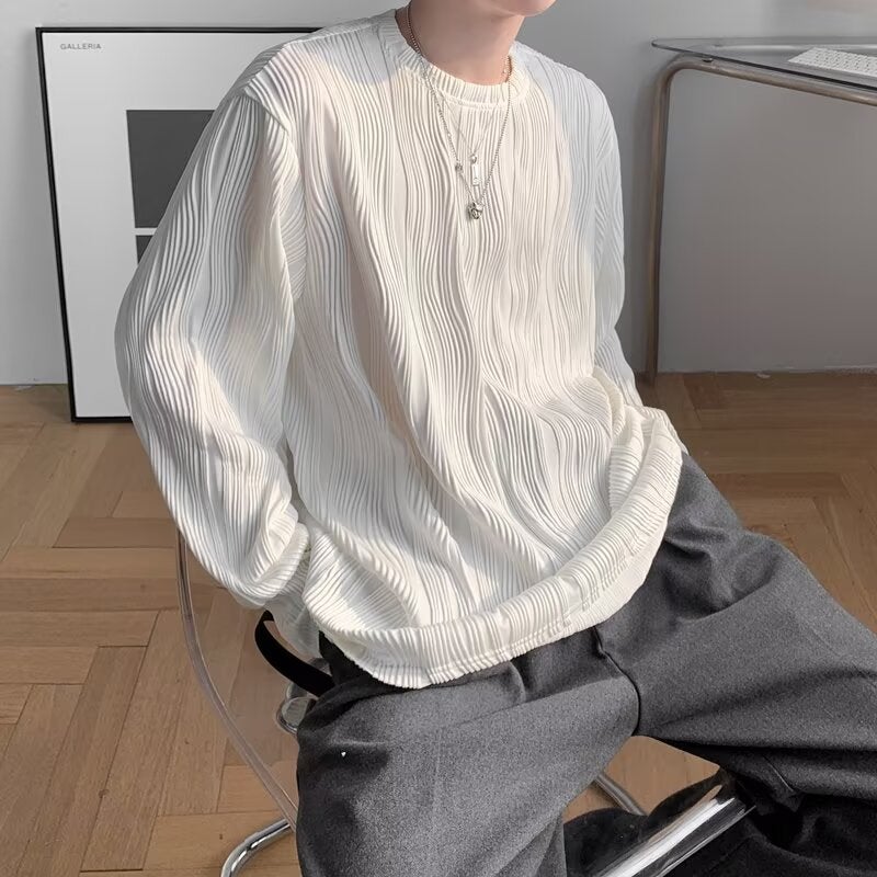 Hair Stylist Advanced Men'S Wrinkle Texture Oversize Long-Sleeved T-Shirt Men'S Inner Base Top T - Image 2