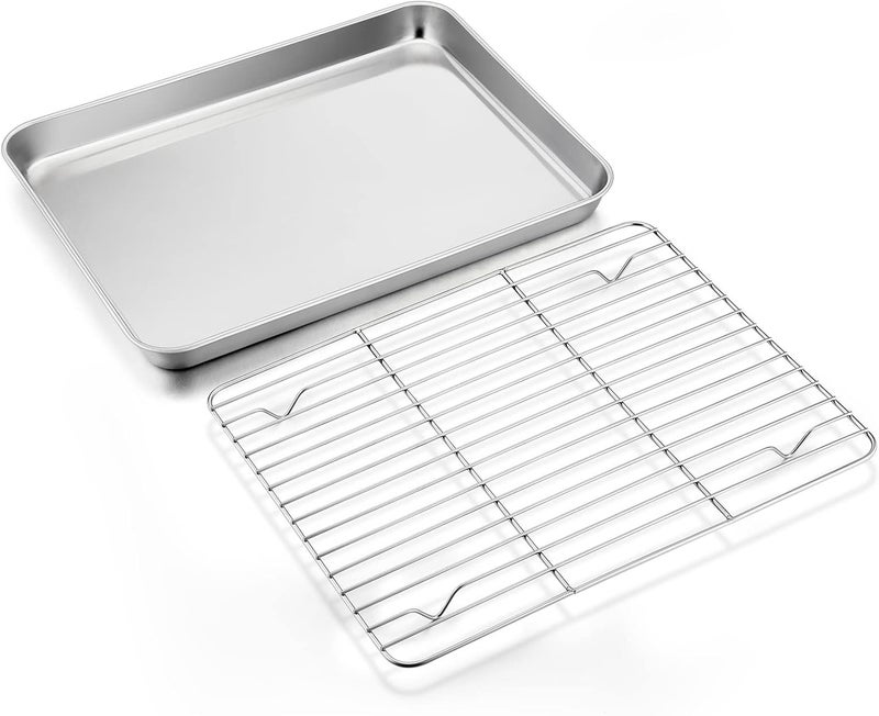 E-far Stainless Steel Baking Sheet with Rack Set, 12.4”x9.7” Cookie Sheet Broiling Pan for Oven, Rimmed Metal Tray with Wire Rack for Cooking/Baking/Cooling/Bacon, Non-toxic & Dishwasher Safe - Image 1