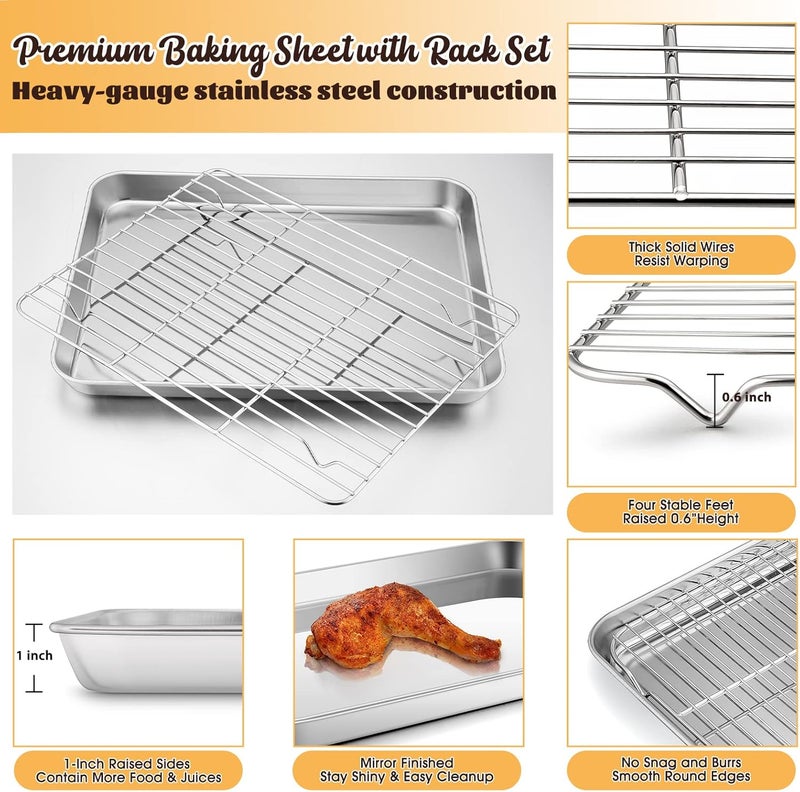 E-far Stainless Steel Baking Sheet with Rack Set, 12.4”x9.7” Cookie Sheet Broiling Pan for Oven, Rimmed Metal Tray with Wire Rack for Cooking/Baking/Cooling/Bacon, Non-toxic & Dishwasher Safe - Image 3
