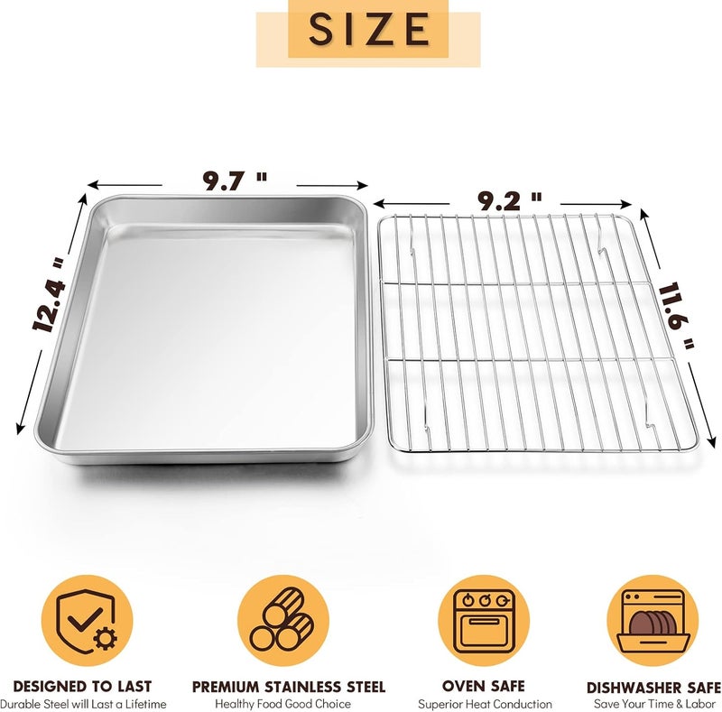 E-far Stainless Steel Baking Sheet with Rack Set, 12.4”x9.7” Cookie Sheet Broiling Pan for Oven, Rimmed Metal Tray with Wire Rack for Cooking/Baking/Cooling/Bacon, Non-toxic & Dishwasher Safe - Image 2