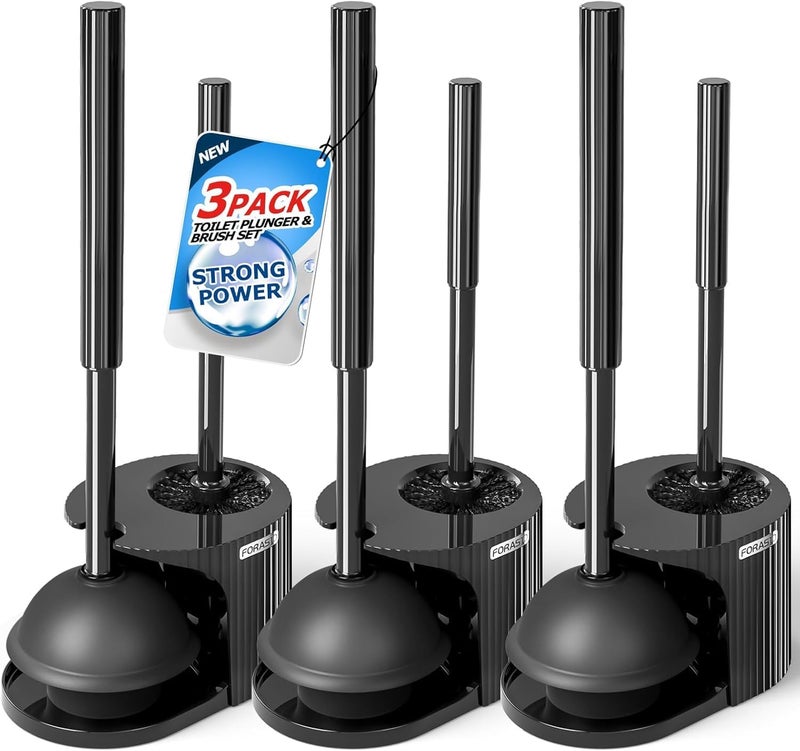 FORASTO 3Pack 2 in 1 Toilet Brush and Plunger Set, Extended Handle Plunger,Toilet Bowl Brush Plunger Set,Bathroom Cleaning Tools,Toilet Brush Plunger Combo,Cleaning Supplies，Black - Image 1