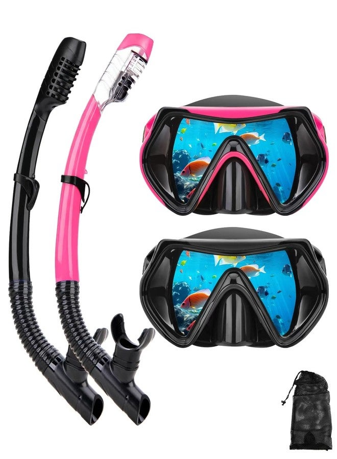 DIPUKI Snorkel mask Snorkeling Set for Adults and Youth, Diving mask and Full Dry Snorkel Swim Googles is Suitable for Snorkeling, Dive Scuba Diving, Swimming (Black+Pink（2 Set）) - Image 1