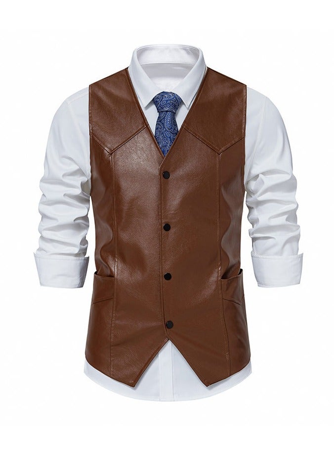 KUYING New Men's PU Leather Solid Color Retro Men's Motorcycle Vest  - Image 1
